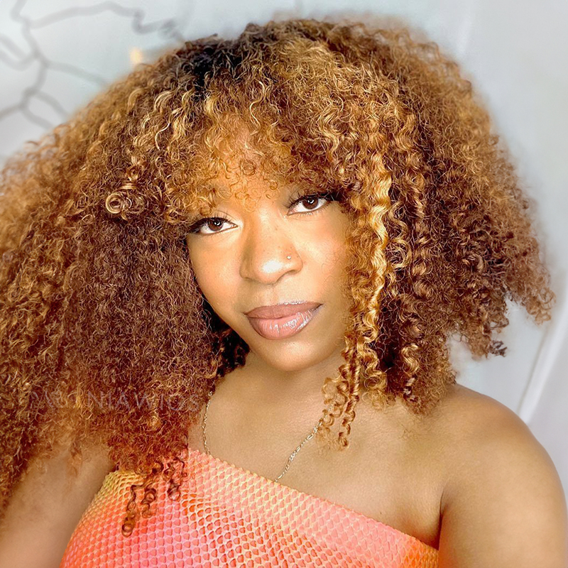 13 x 4 Afro Kinky krullende pruik met pony menselijk haar Lace Front pruiken