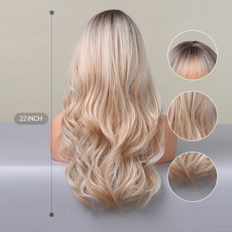 Blonde gemengde witte golfpruik met pony, donkere wortels, krullende pruiken van synthetische vezels