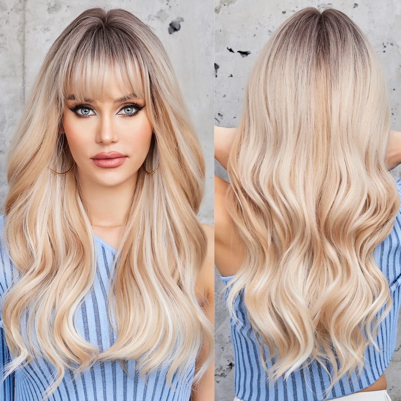 Blonde gemengde witte golfpruik met pony, donkere wortels, krullende pruiken van synthetische vezels