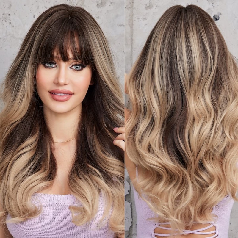 Blonde golfpruik Ombre grijs met pony Donkere wortels Synthetische krullende pruik