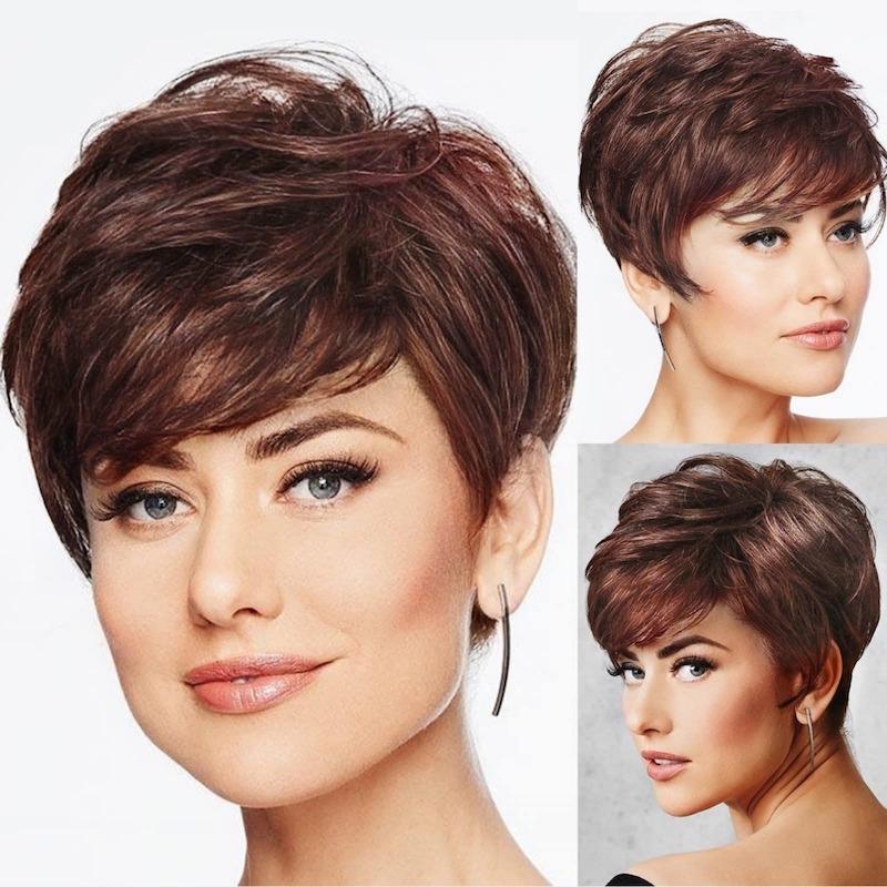 Bruine synthetische pruik Pixie Cut voor dames gelaagde stijl dagelijkse pruiken