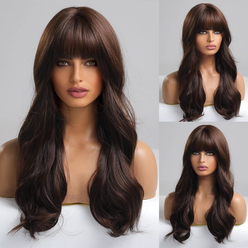 Bruine pruik met pony Body Wave-pruik Synthetische pruiken Natuurlijk ogend
