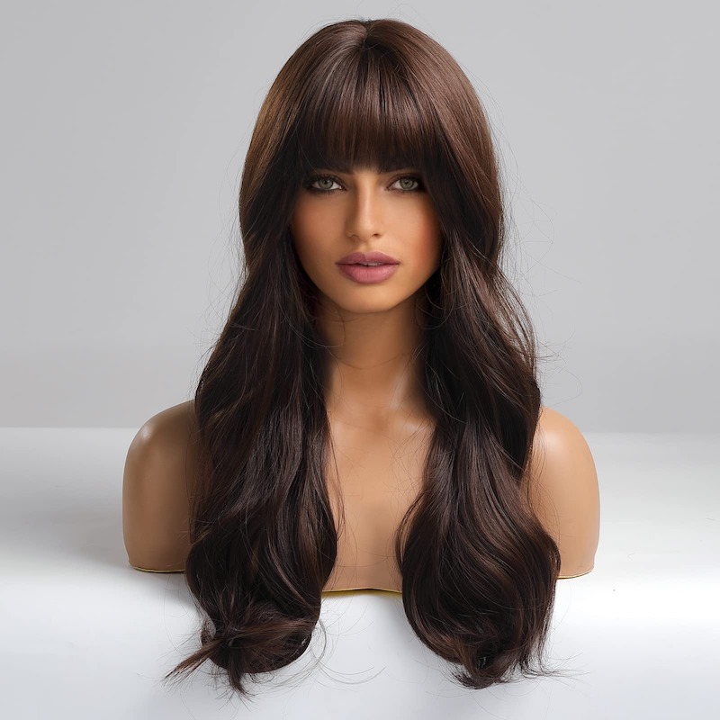 Bruine pruik met pony Body Wave-pruik Synthetische pruiken Natuurlijk ogend