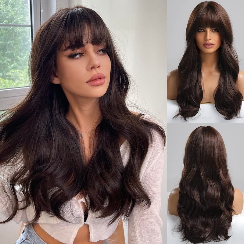 Bruine pruik met pony Body Wave-pruik Synthetische pruiken Natuurlijk ogend
