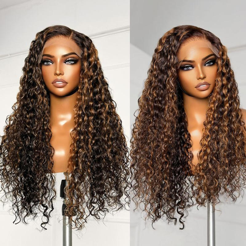 Krullend bruin highlights lijmloze 5x5 sluiting Lace pruiken beginnersvriendelijk