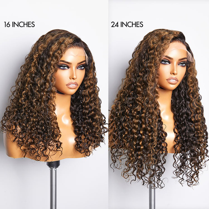 Krullend bruin highlights lijmloze 5x5 sluiting Lace pruiken beginnersvriendelijk