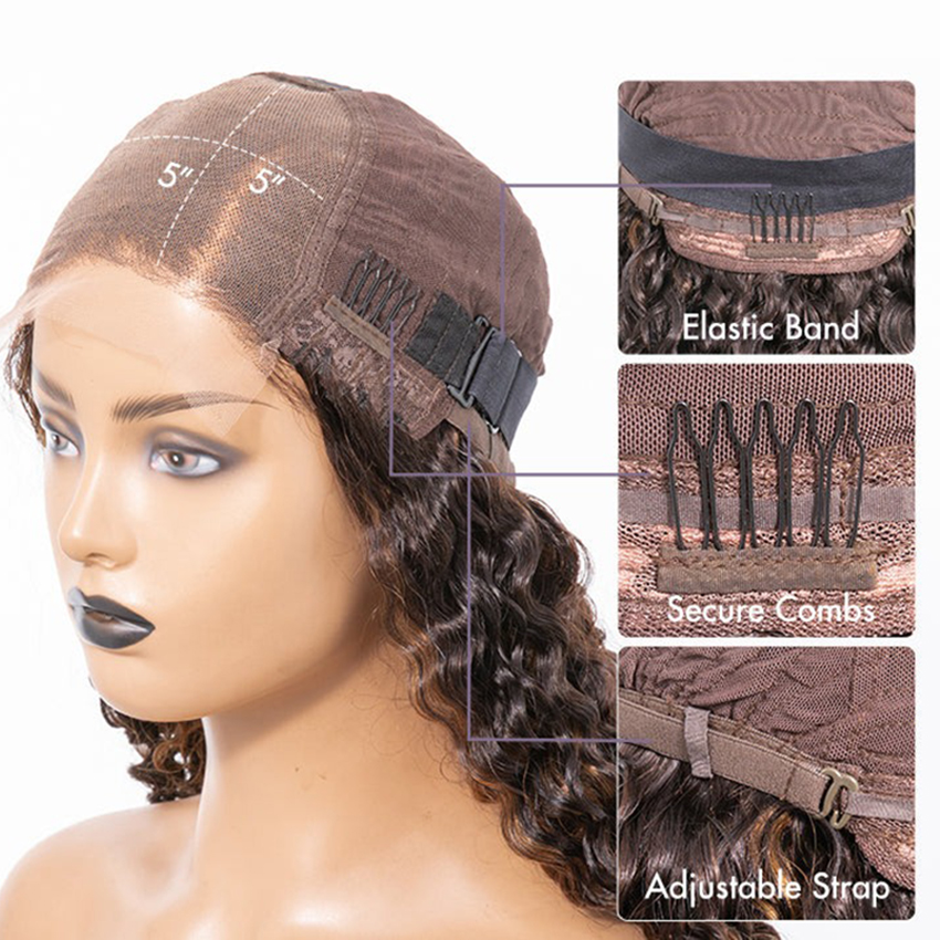 Krullend bruin highlights lijmloze 5x5 sluiting Lace pruiken beginnersvriendelijk