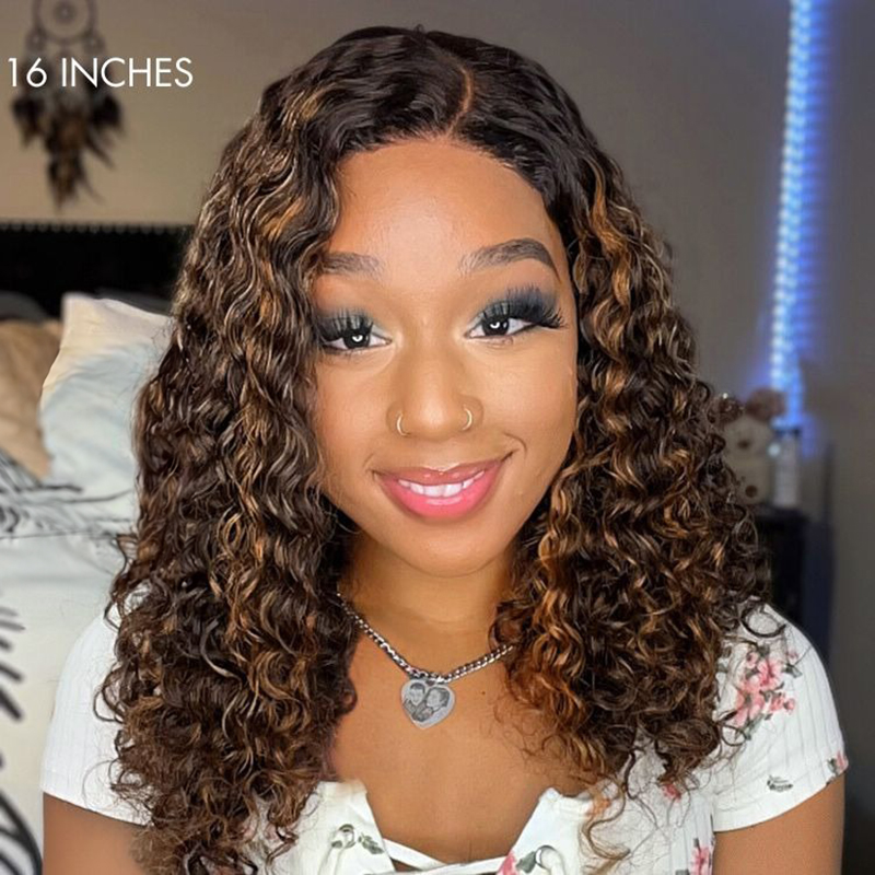 Krullend bruin highlights lijmloze 5x5 sluiting Lace pruiken beginnersvriendelijk