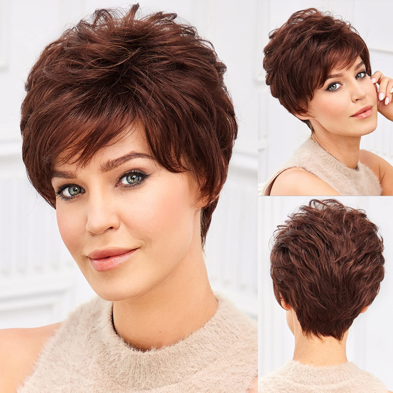 Dark Brown Wigs for Women Synthetic Pixie Curly Wig With Bang