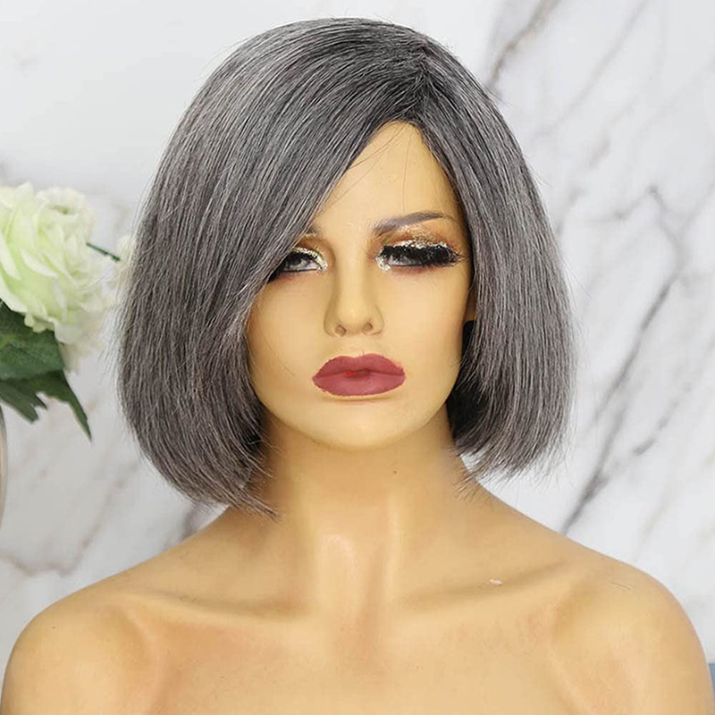 Grijze menselijke haar bob pruik rechte zout en peper haar pruik 150% 10 inch