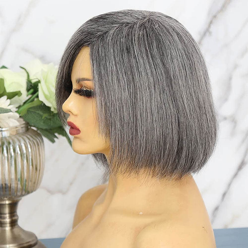 Grijze menselijke haar bob pruik rechte zout en peper haar pruik 150% 10 inch
