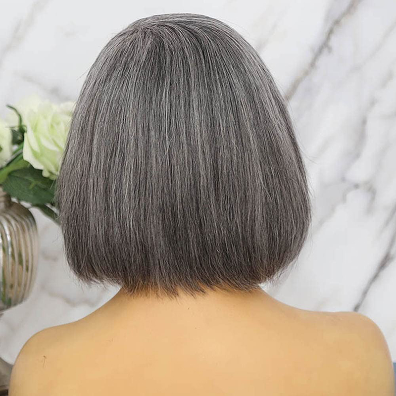 Grijze menselijke haar bob pruik rechte zout en peper haar pruik 150% 10 inch