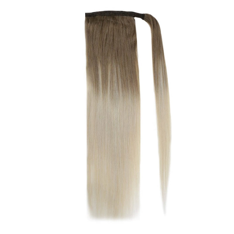 Echt haar paardenstaartextensies Balayage #8/60 Wikkel rond clip in 100G