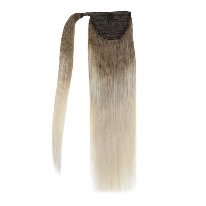 Echt haar paardenstaartextensies Balayage #8/60 Wikkel rond clip in 100G