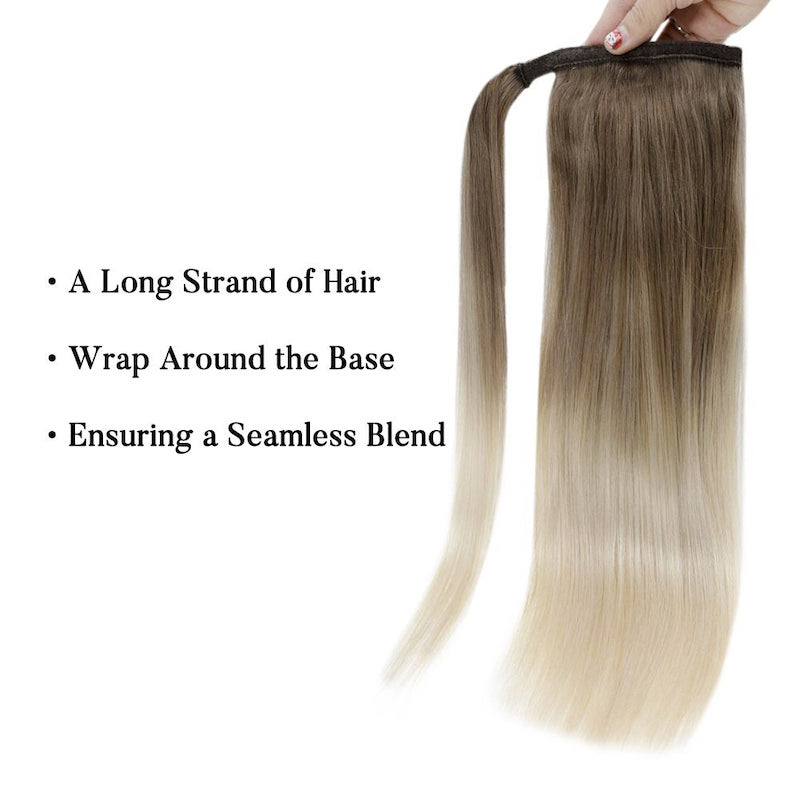 Echt haar paardenstaartextensies Balayage #8/60 Wikkel rond clip in 100G