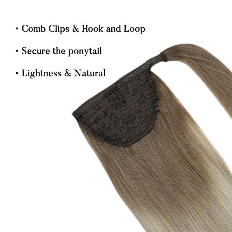 Echt haar paardenstaartextensies Balayage #8/60 Wikkel rond clip in 100G