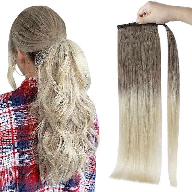 Echt haar paardenstaartextensies Balayage #8/60 Wikkel rond clip in 100G