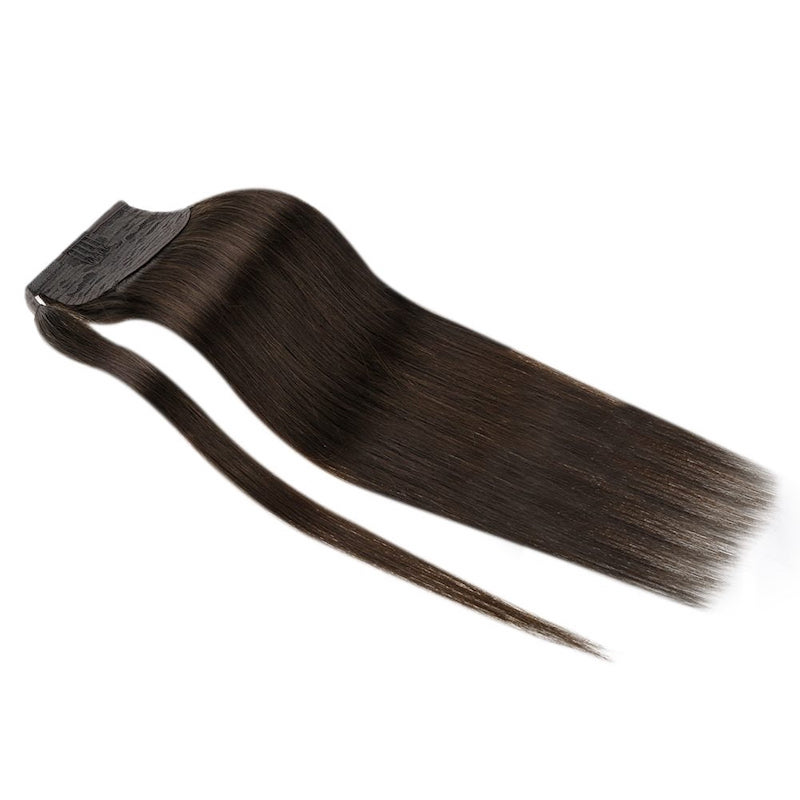Echt haar paardenstaartextensies wikkel rond clip in 100G #2 donkerbruin