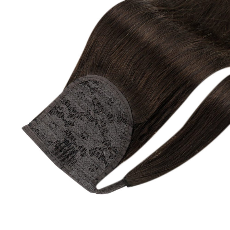 Echt haar paardenstaartextensies wikkel rond clip in 100G #2 donkerbruin