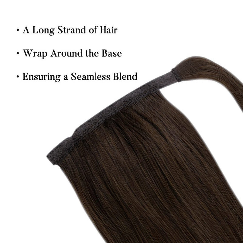 Echt haar paardenstaartextensies wikkel rond clip in 100G #2 donkerbruin