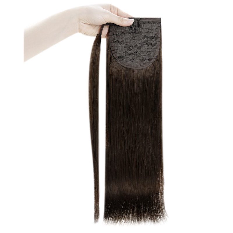 Echt haar paardenstaartextensies wikkel rond clip in 100G #2 donkerbruin
