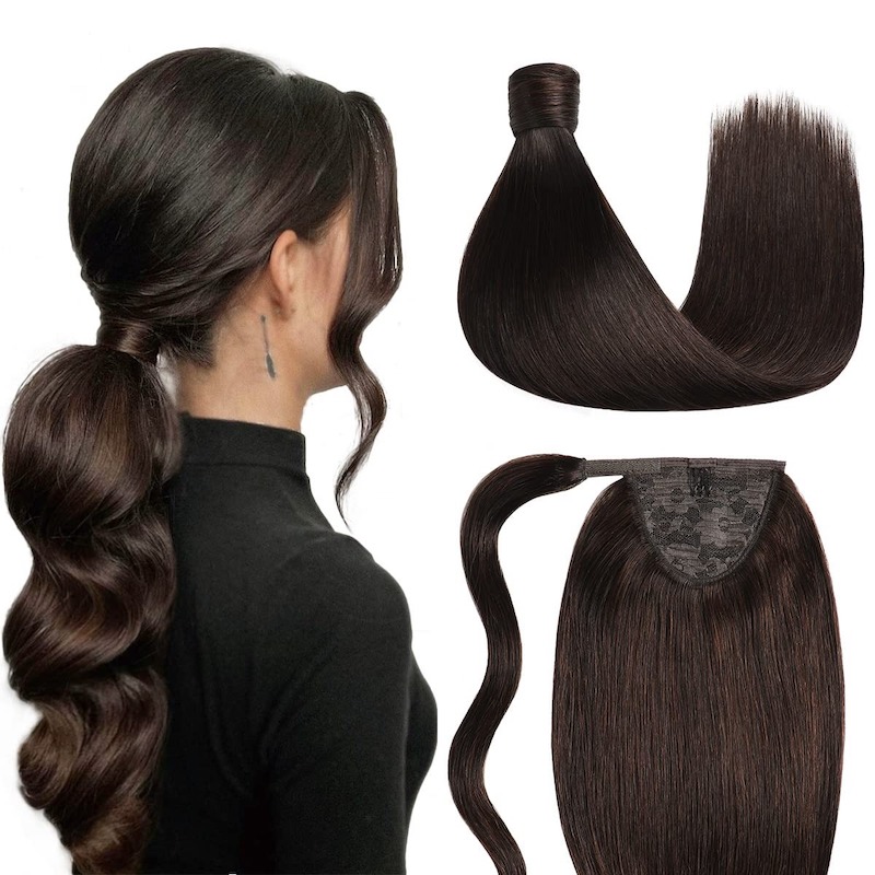 Echt haar paardenstaartextensies wikkel rond clip in 100G #2 donkerbruin