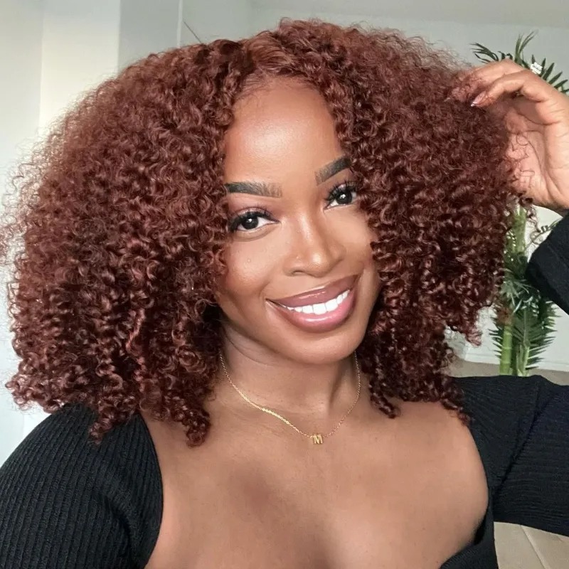 Echt haar roodbruin 13x4 Lace Front Kinky Curly Wig Pre-Plucked Hairline