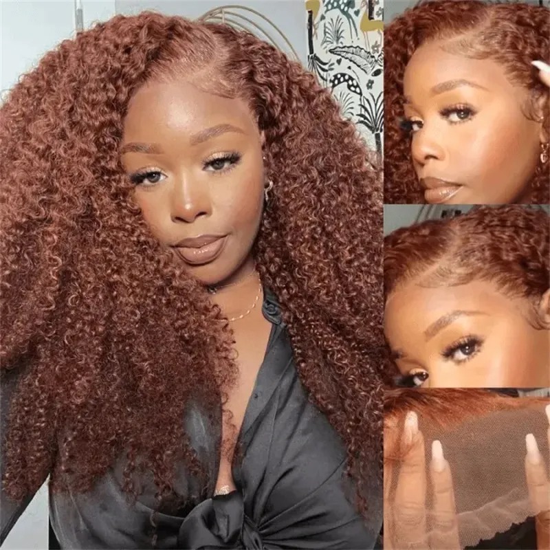 Echt haar roodbruin 13x4 Lace Front Kinky Curly Wig Pre-Plucked Hairline