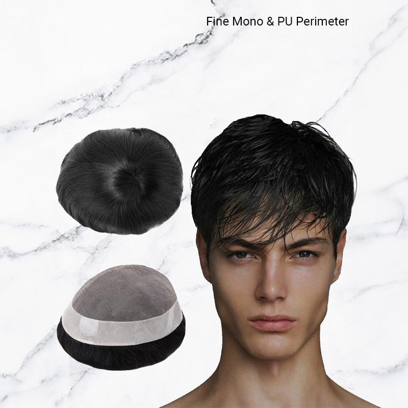 Human Hair Toupee Men Hair Pieces Replacement System Fine Mono with PU #1B