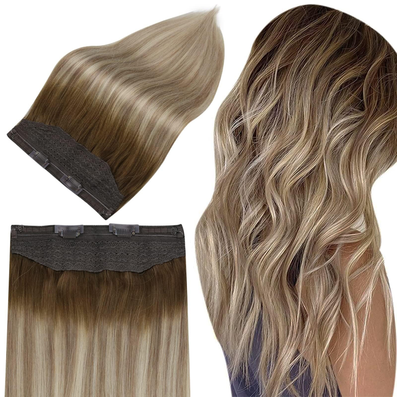 Onzichtbare draadhaarextensions Echt haar Ombre bruin en blond 100 g