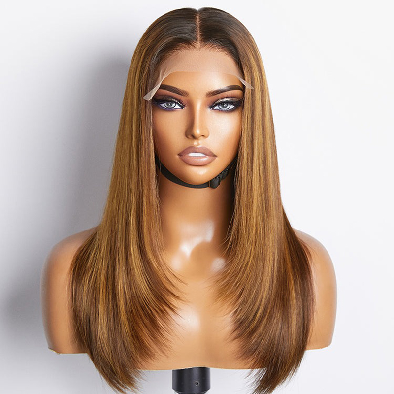 Gelaagde snit bruin mix blond lijmloze 5x5 sluiting Lace pruik vooraf geplukt