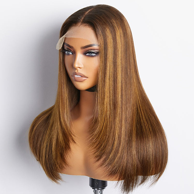 Gelaagde snit bruin mix blond lijmloze 5x5 sluiting Lace pruik vooraf geplukt