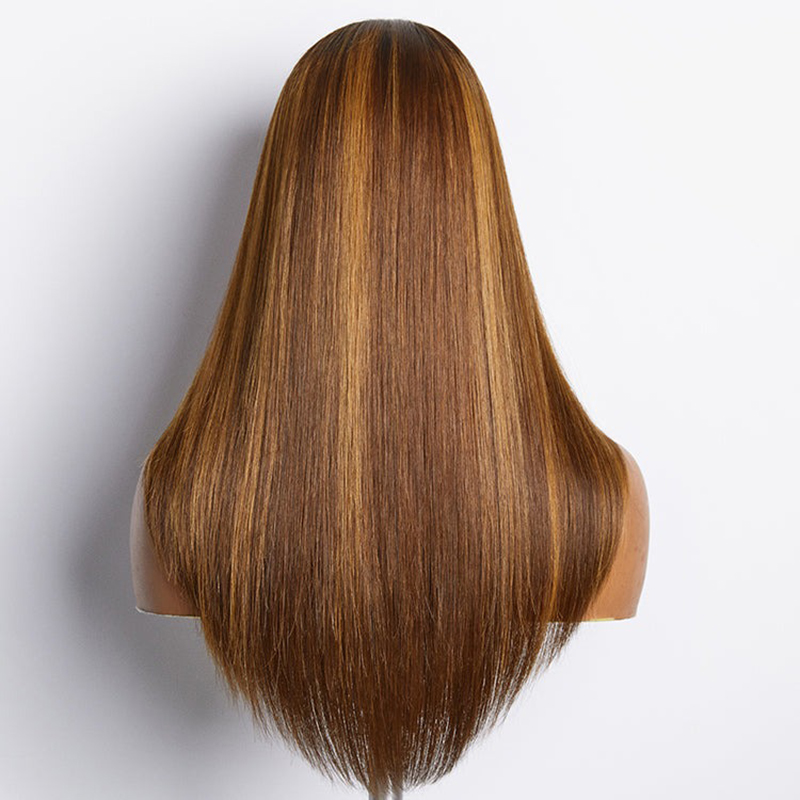 Gelaagde snit bruin mix blond lijmloze 5x5 sluiting Lace pruik vooraf geplukt