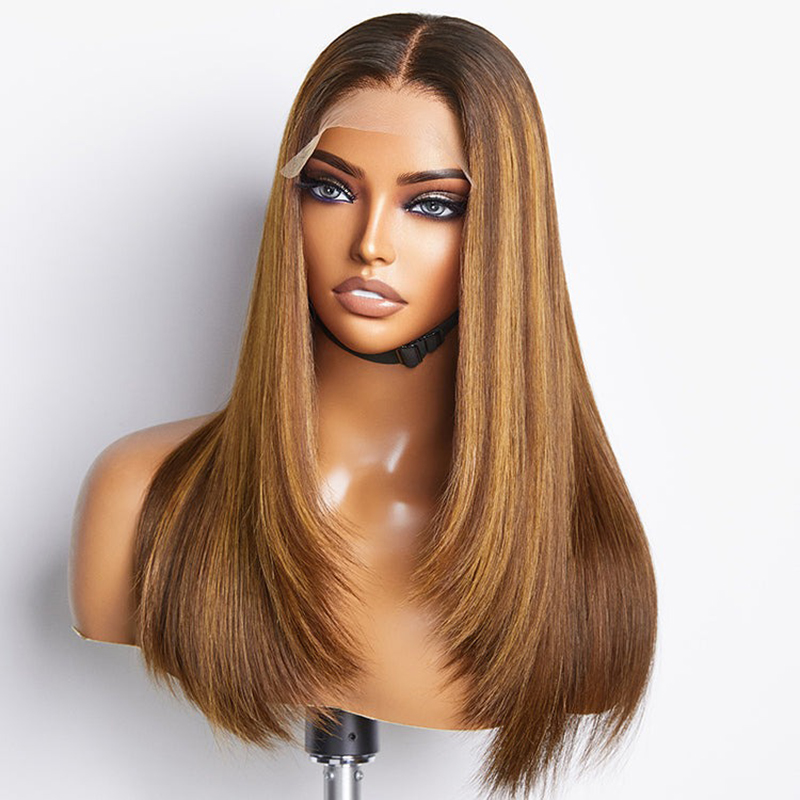 Gelaagde snit bruin mix blond lijmloze 5x5 sluiting Lace pruik vooraf geplukt
