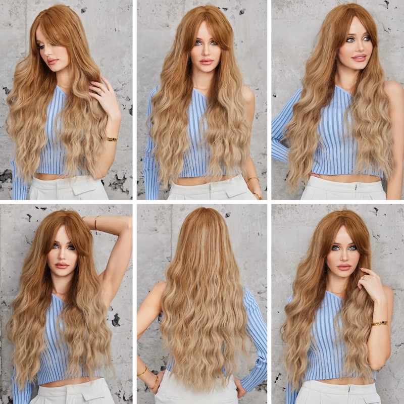 Lang krullend bruin blond pruiken voor vrouwen synthetische golvende cosplay pruiken