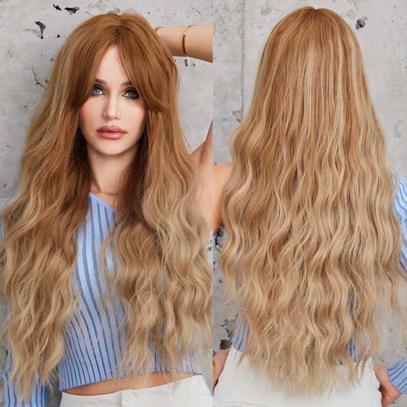 Lang krullend bruin blond pruiken voor vrouwen synthetische golvende cosplay pruiken
