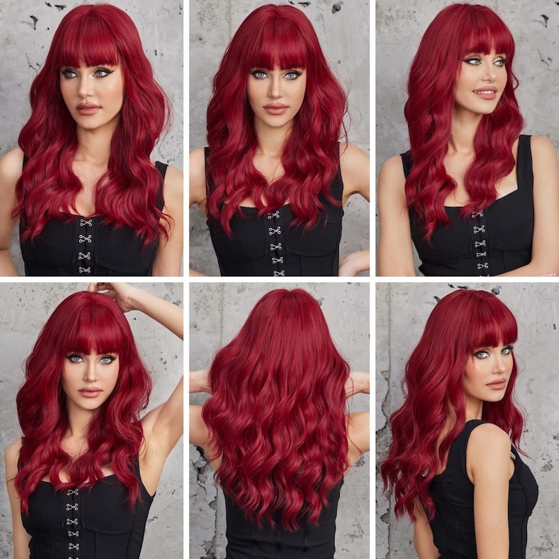 Long Wavy Red Wigs with Bangs for Women Synthetic Wigs for Daily