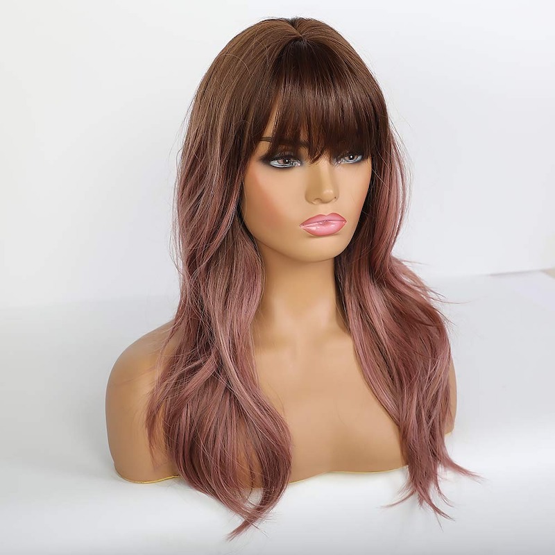 Lange golvende pruiken met pony Paars Roze Natuurlijk krullend Synthetische Ombre-pruiken