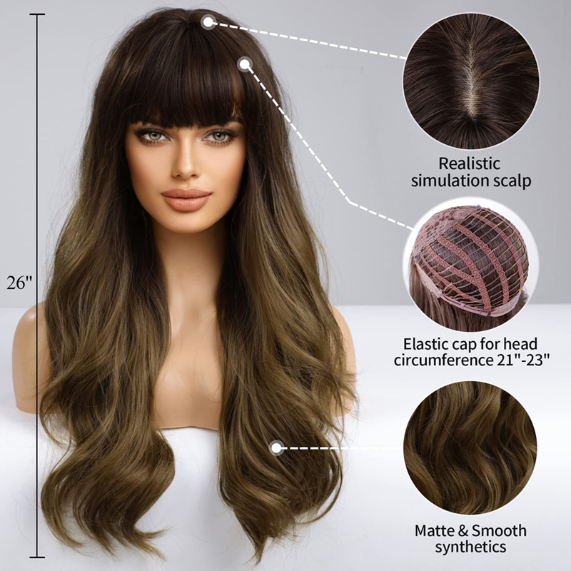 Ombre Bruine Lange Krullende Pruiken Met Pony Synthetische Pruiken Zacht Natuurlijk Uitziend