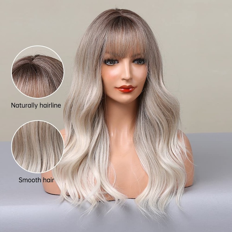 Ombre grijze blonde golfpruik met pony, donkere wortels, synthetische krullende pruik