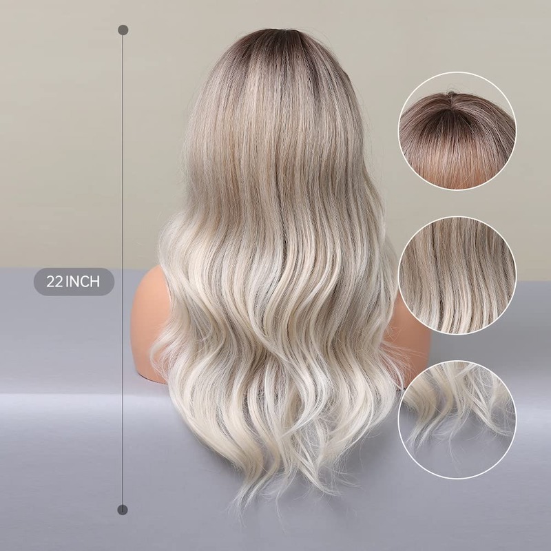 Ombre grijze blonde golfpruik met pony, donkere wortels, synthetische krullende pruik