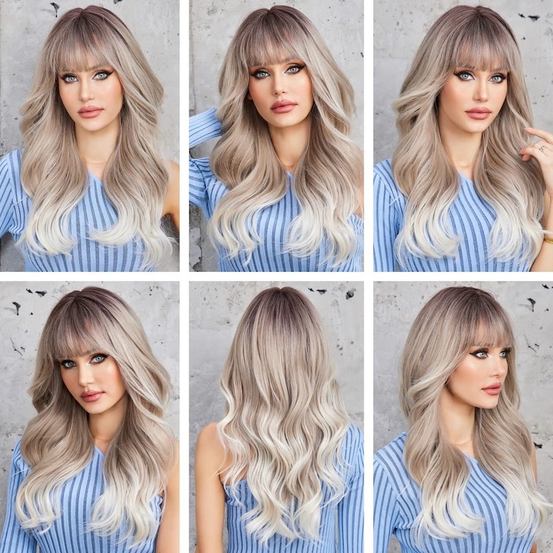 Ombre grijze blonde golfpruik met pony, donkere wortels, synthetische krullende pruik