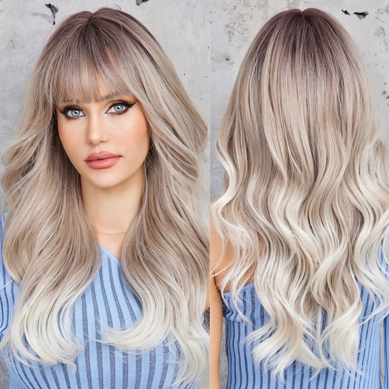 Ombre grijze blonde golfpruik met pony, donkere wortels, synthetische krullende pruik