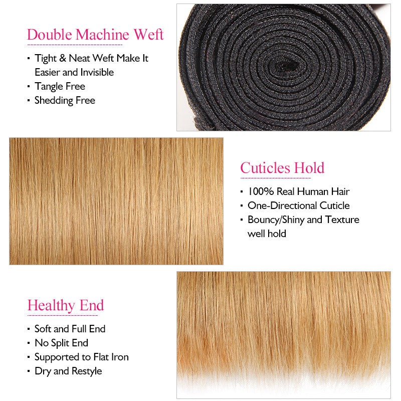 Ombre T1B/27 100% maagdelijk menselijk haar Rechte 3 bundels met 4x4-kantsluiting