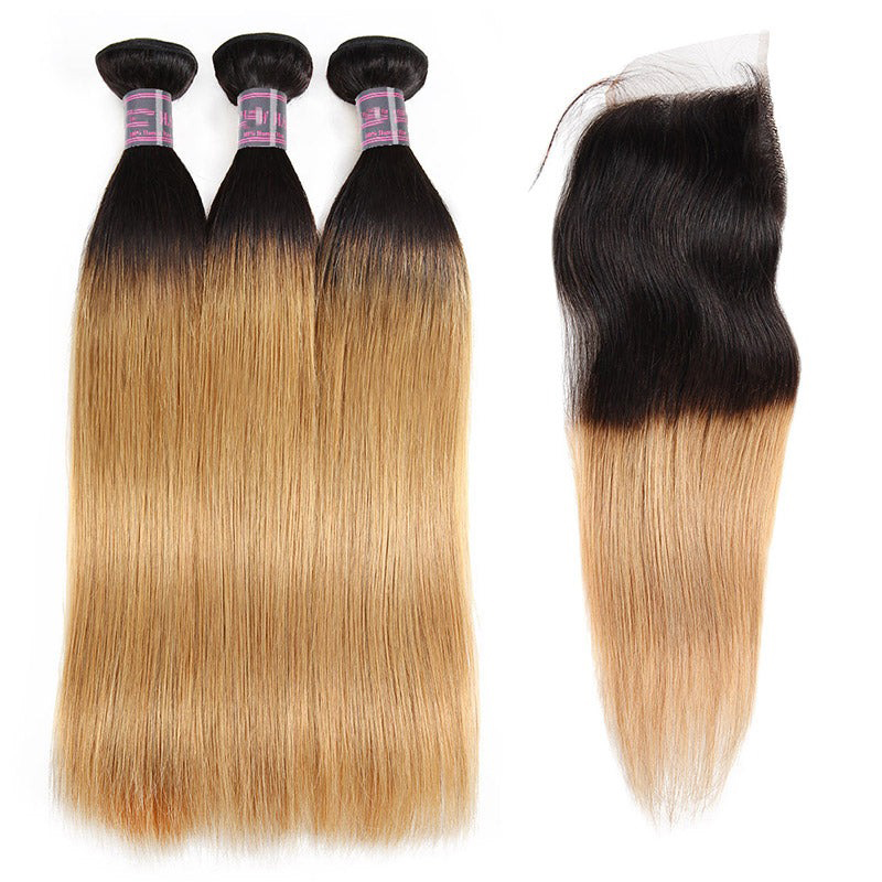 Ombre T1B/27 100% maagdelijk menselijk haar Rechte 3 bundels met 4x4-kantsluiting