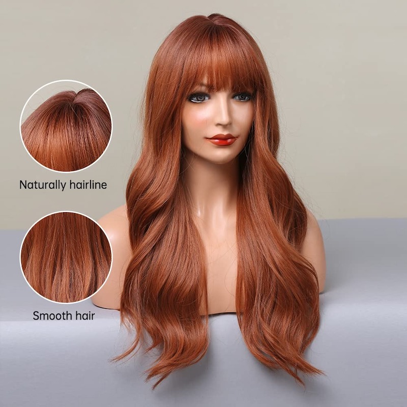 Oranjebruine synthetische pruiken Natuurlijke golvende pruik met pony Aardbeiblond