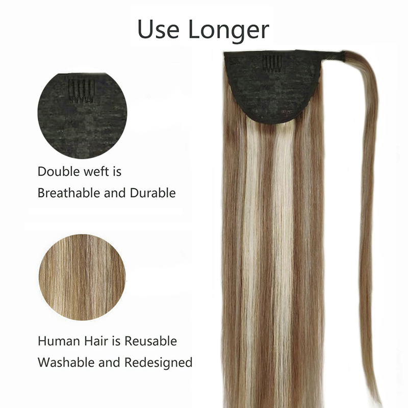 Paardenstaartverlenging Echt haar Donkerbruine en bleekblonde haarstukjes