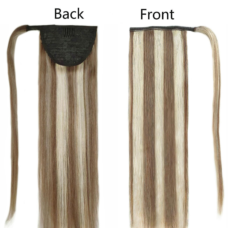 Paardenstaartverlenging Echt haar Donkerbruine en bleekblonde haarstukjes
