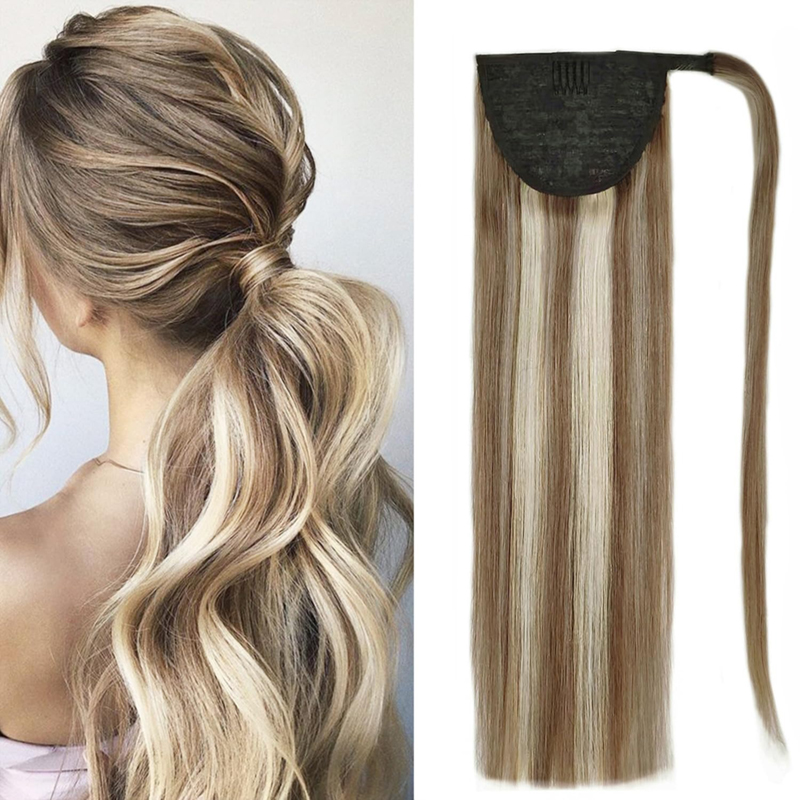 Paardenstaartverlenging Echt haar Donkerbruine en bleekblonde haarstukjes