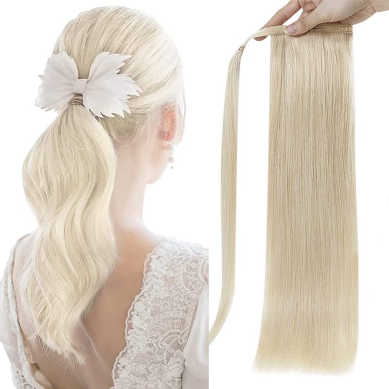 Paardenstaartverlenging Echt haar Platinablond #60 100G Clip-in-extensie